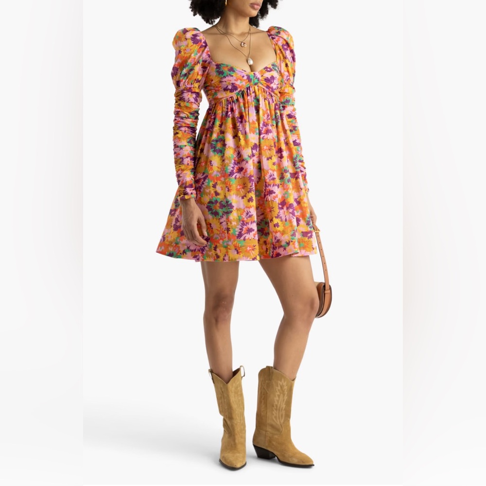 Zimmermann Designer Cocktail Vibrant Ruched Floral-Print Cotton-Voile Mini Dress